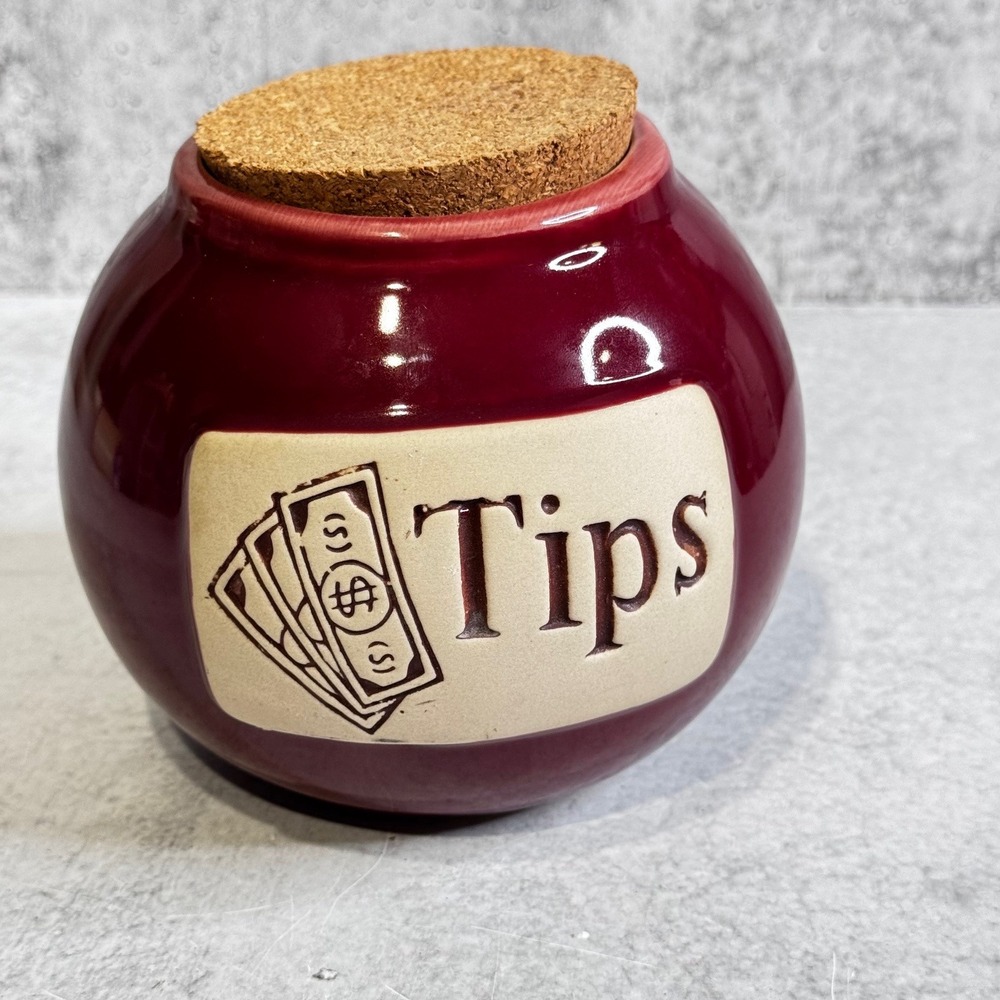 Tips Crock Burgundy Ceramic Tip Jar Cork Lid Handcrafted Glossy Money Pot